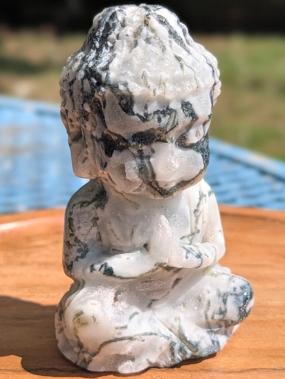 Hand-Carved Moss Agate Buddha Figurine - Home Accents